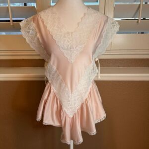 Vintage Nicole Women's L Ruffled Lace Teddy Pastel Pink White Lingerie Coquette